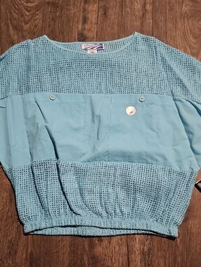 Action Scene Blue Open Knit Top Size Small Vintage Pull Over 80s Weave Crochet